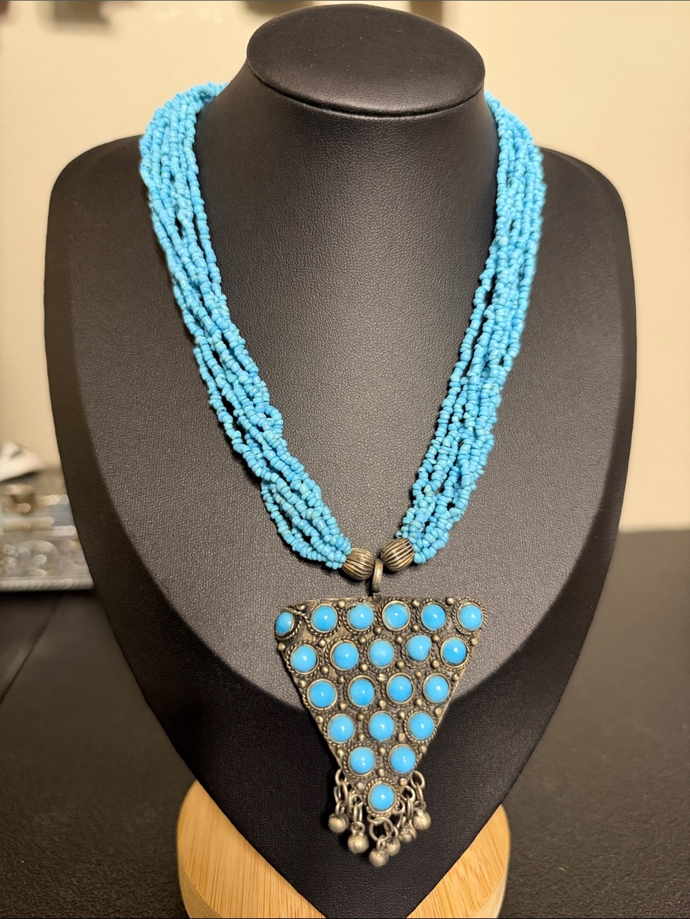 Vintage Boho Western Turquoise Beaded Statement Necklace Triangular Pendant